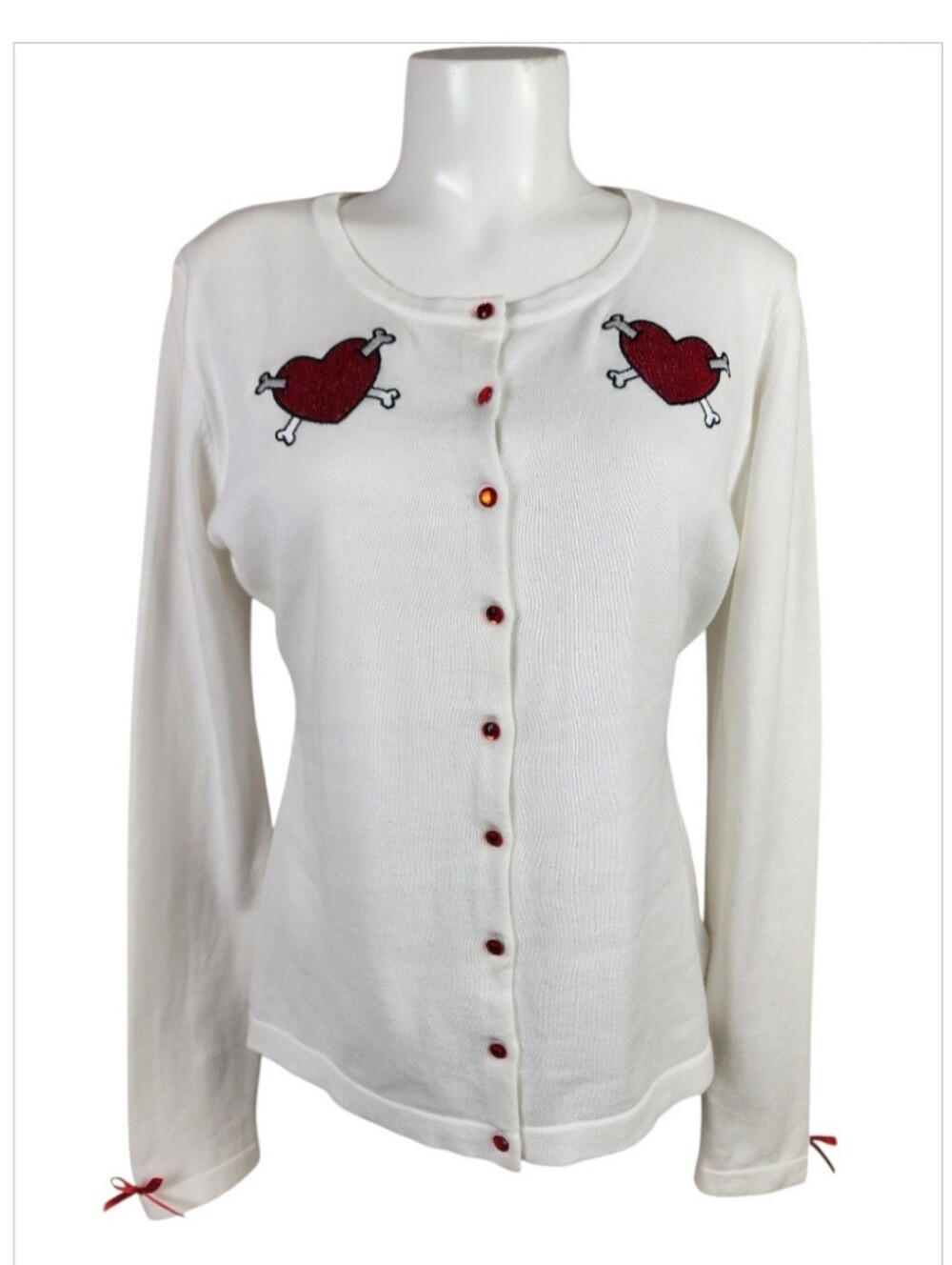 Sourpuss White Cardigan with Red Heart-and-Bones Embroidery